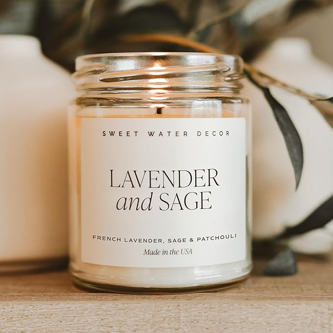 Sweet Water Decor Lavender and Sage Soy Candle - French Lavender, Sage, Patchouli Scented Spring Candles for Home - 9oz Clear Jar + Gold Lid, 40+ Hour Burn Time, Made in The USA - Bloomnest