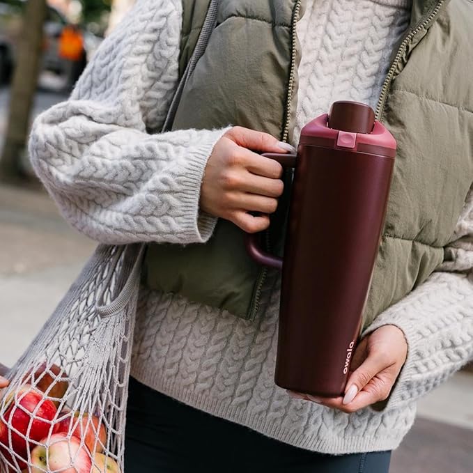 Owala FreeSip Tumbler Insulated Stainless Steel Water Bottle with Built-in Straw and Side Handle, For Travel, Work, School, and Sports, 40oz, BPA Free, Leak Proof, Black Cherry Owala