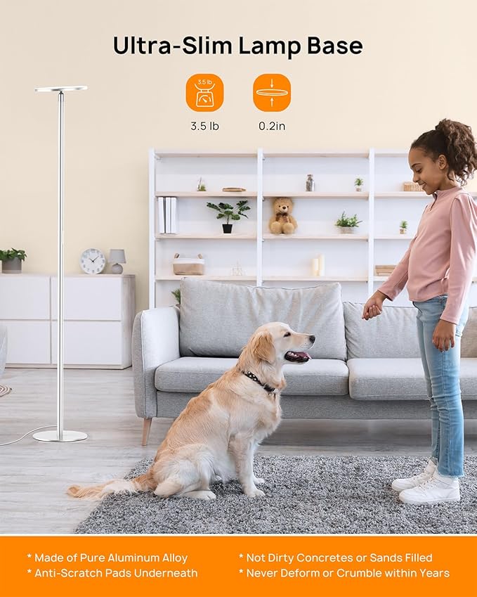 TROND Floor Lamp, 5000LM Super Bright Sky LED Modern Torchiere Standing Lamp, 3000K Warm White with 5-Level Dimmable, 71 in Tall Pole Light, 30-Minute Timer, Modular Rod, Wall Switch Compatible - Bloomnest