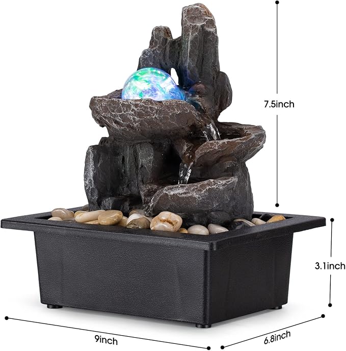 Tabletop Fountain Rotating Ball Rock Waterfall Fountain Office Tabletop Fountains for Home Office Decor Includes Many Natural River Rocks Decorated with Colorful Lights and Rolling Ball - Bloomnest