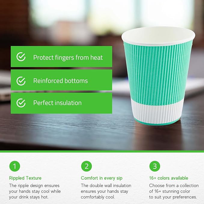 Restaurantware 12 Ounce Ripple Wall Disposable Coffee Cups, 500 Insulated Midnight Light Green Paper Tumblers with Rolled Rim Design, Lids Sold Separately for Hot Drinks like Tea, Hot Chocolate - Bloomnest