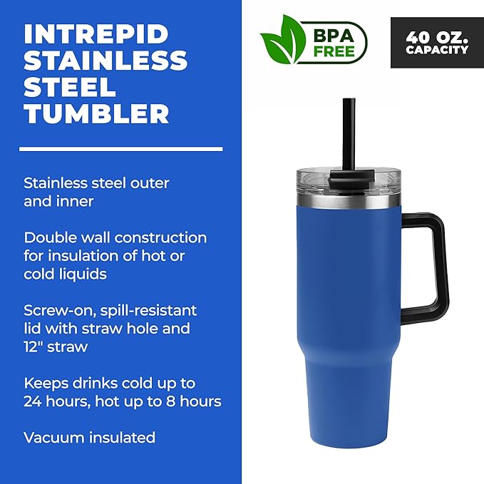 5 Ct of 40 Oz Intrepid Stainless Steel Tumbler with Lid, Straw & Handle – Blue – Customizable Insulated Cups for Water, Coffee, Hot & Iced Drinks – Great for DIY, Events, Work - Bloomnest