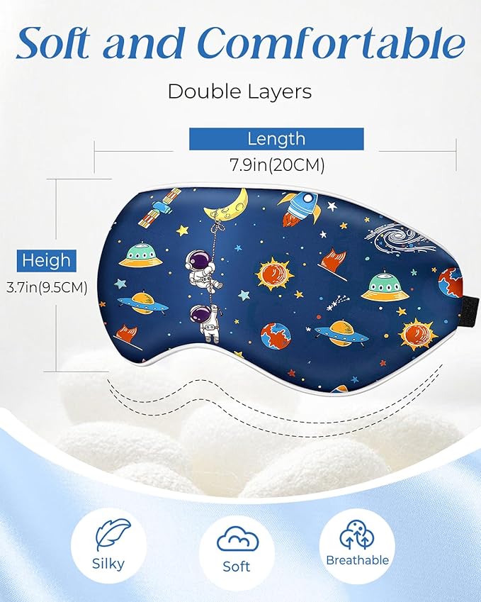 Sleep Mask for Kids - Silk Eye Mask for Sleeping Cute Cartoon Kids Sleep Mask for Boys Girls Teens Soft Smooth Adjustable Straps Silk Kids Eye Cover, Blue Astronaut - Bloomnest