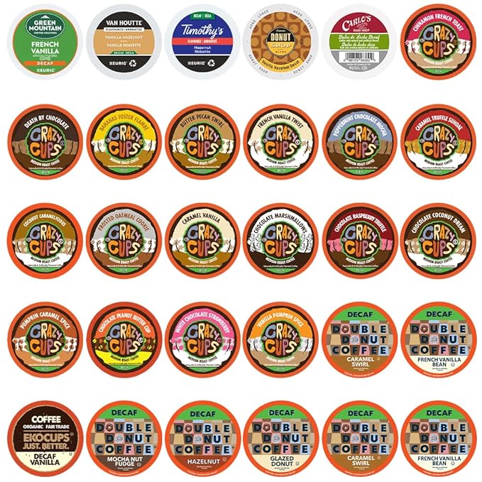 Flavored Decaf Coffee Pods Variety Pack Sampler, Assorted Single Serve Decaffeinated Coffee Capsules for Keurig K Cups Brewers, 30 Flavored Decaf Coffees - No Duplicates - Bloomnest