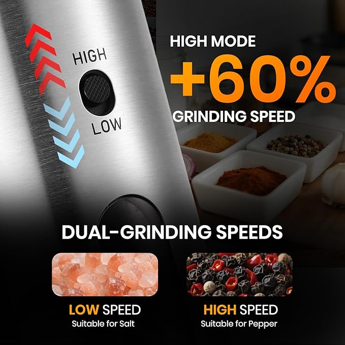 Electric Salt Grinder Set with Rechargeable Base Stainless Steel Grinders with Variable Grinding Speed, External Adjustable Coarseness and White LED Light, Silver - Bloomnest