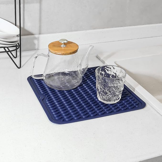 Silicone Dish Drying Mat for Multiple Usage,Easy clean,Eco-friendly,Heat-resistant Silicone Mat for Kitchen Counter or Sink,Refrigerator or Drawer liner Navy Blue M 12 inches x 12 inches - Bloomnest