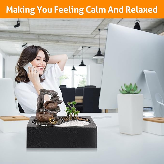 WICHEMI Water Fountains Indoor Waterfall Fountain Tabletop Fountain with LED Light Water Feature Indoor Zen Meditation Relaxation Desktop Fountains for Home and Office Indoor Spaces Decor