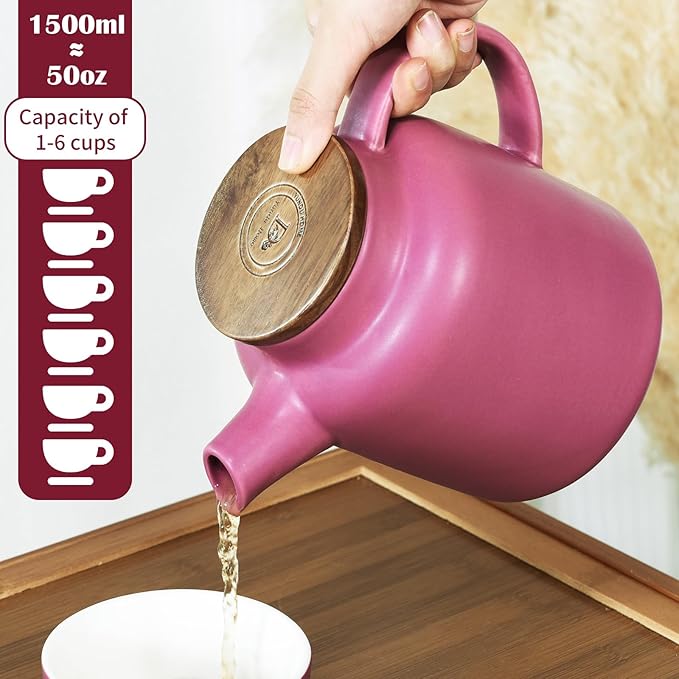 Yundu 1500ml / 50 oz Ceramic Teapot with Infuser & Wood Lid - Matte Purple, Loose Leaf Tea Pot with Removable Strainer, Large Capacity - Bloomnest