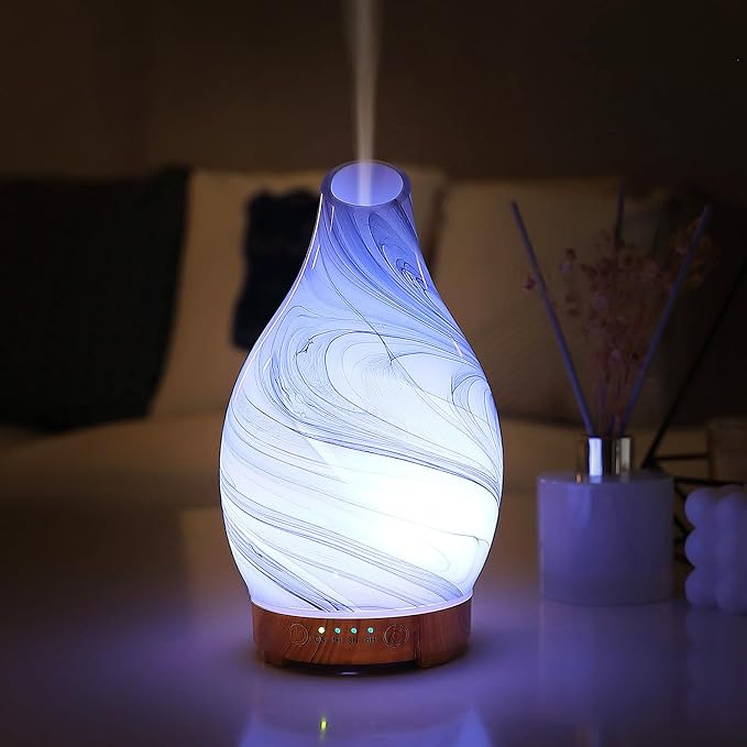 Essential Oil Diffuser, Art Glass Ultrasonic Aromatherapy Diffuser for Home 160ml with Intermittent Mist & LED 7 Colorful Changing Night Light for Bedroom-Ink Dyeing Time - Bloomnest