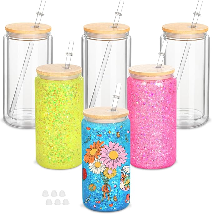 6 Pack 16 Oz Sublimation Snow Globe Tumbler, Snow Globe Cups with Pre Drilled Hole, Double Wall Beer Can Glass Mason Jar Mug with Bamboo Lids and Straws for Snowglobe DIY - Bloomnest