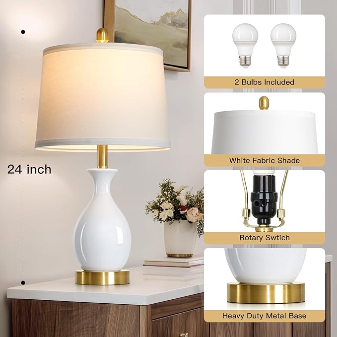 24" White Ceramic Table Lamps Set of 2 for Bedroom, Modern Classic Bedside Lamps for Nightstand, Small Table Lamp for Living Room Side Table (2 LED Bulbs Included) - Bloomnest