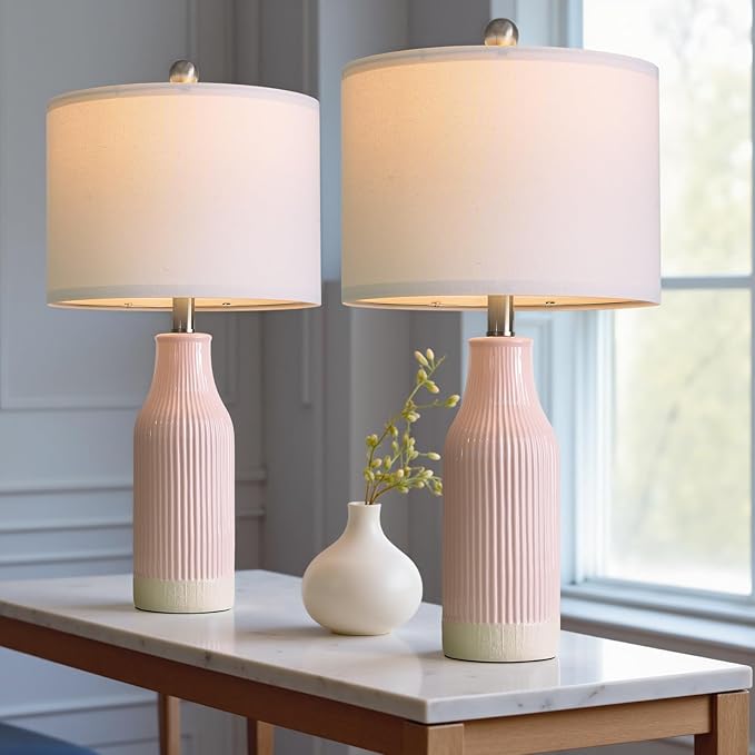 23.75inch Pink Modern Ceramic Bedside Lamp Set of 2 for Bedroom Decor Farmhouse Table Lamp for Living Room Office Dorm - Bloomnest