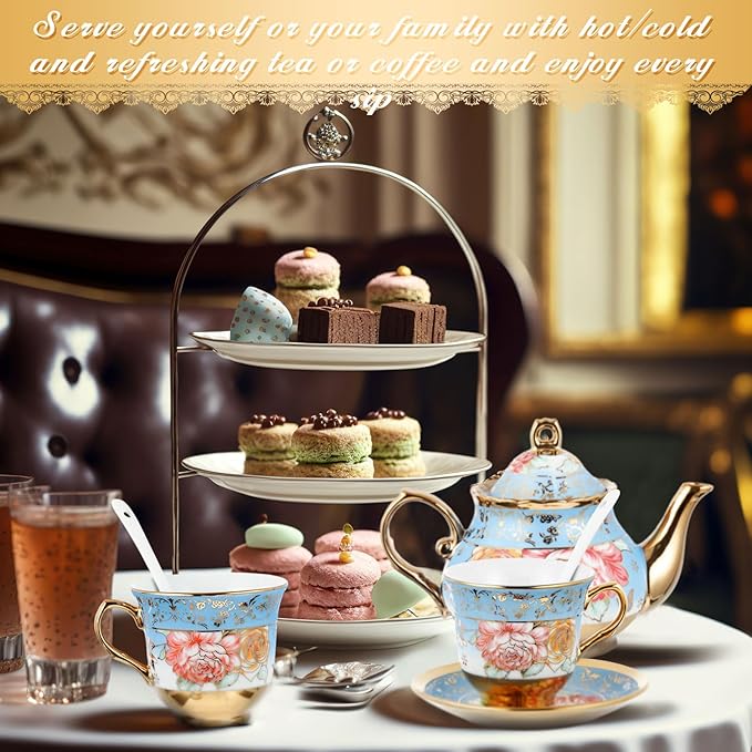 Zhehao 20 Pcs Porcelain Tea Set with Metal Holder and Spoon Adult Ceramic Tea Set European Flower Painting Teapot Cup Saucer Spoon for Women, Large Version(Simplicity Style) - Bloomnest