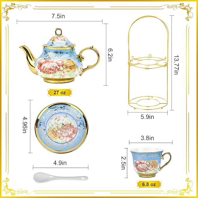 20 Pieces Porcelain Tea Set With Metal Holder, European Ceramic tea set for adults,Flower Tea Set,Tea Set For Women With Flower Painting - Bloomnest