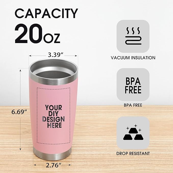 Personalized Custom Tumbler Print in USA 100 Pcs 20oz Stainless Steel Coffee Cup with Lid & Straw Double Wall Insulated Tumbler with Colorful Text Logo Photo - Bloomnest