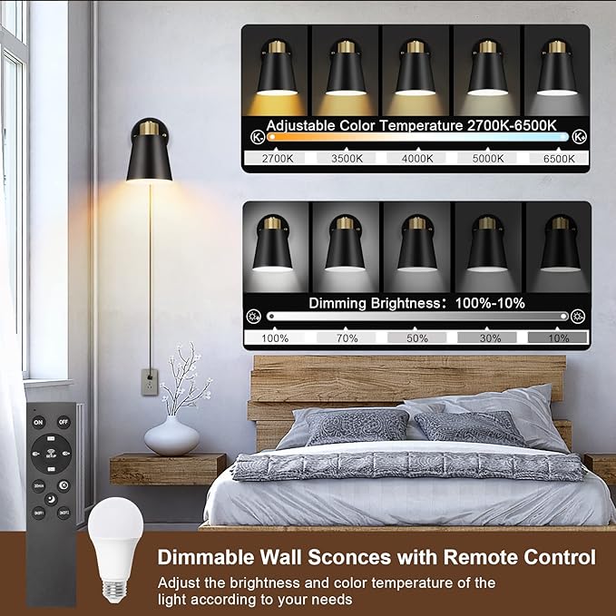 Wall Sconce Plug in, Remote Control Dimmable Wall Sconces and Adjustable Color Temperature 2700K-6000K Wall Lights with Plug in Cord, Wall Mounted Light for Bedroom Bedside(2 Pack, 2 Bulbs) - Bloomnest