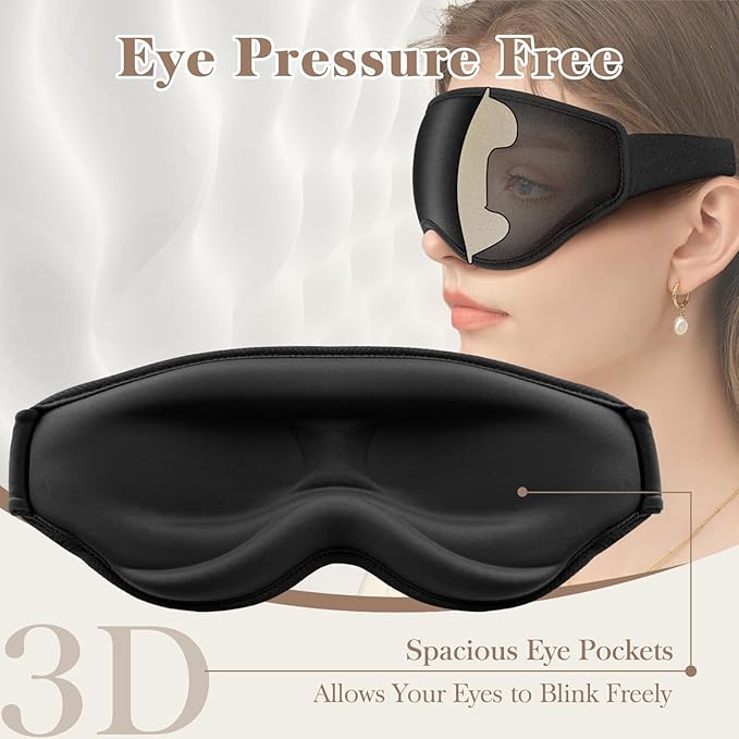 3D Cooling Eye Mask Sleep Mask for Men & Women, 100% Pressure-Free & Light Block-Out Eye Mask for Sleep with Easy Adjustable Strap, Night Eye Cover for Travel, Black - Bloomnest