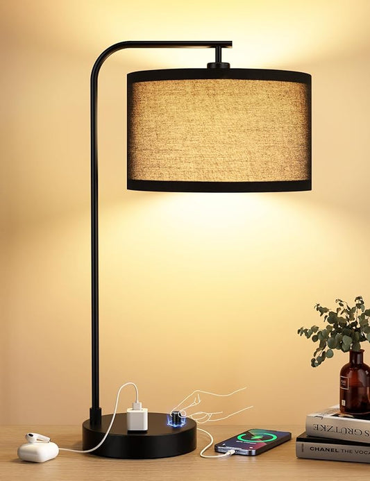 Innqoo Black Tall Table Lamp with USB Port and Outlet, Dimmable Nightstand Bedside Lamps with Linen Lampshade, Desk Lamp for Bedroom, Living Room, Guest Room, Home Office, LED Bulb Included - Bloomnest