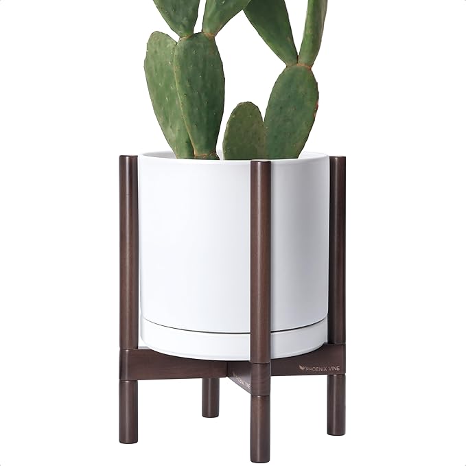 D'vine Dev Ceramic Planter with Walnut Color Stand - 12 Inch Modern Round Flower Pot with Wood Planter Holder, White, 55-B-W-1 - Bloomnest