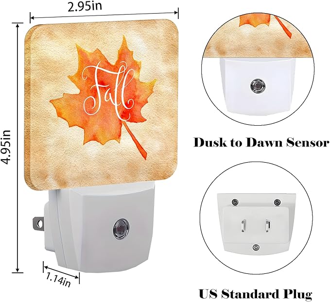Handwritten Autumn Maple Leaves Night Light,Plug Into Wall for Boys Girls Bedroom Decorative Square Night Light Lamp 0.5w Sleep Friendly