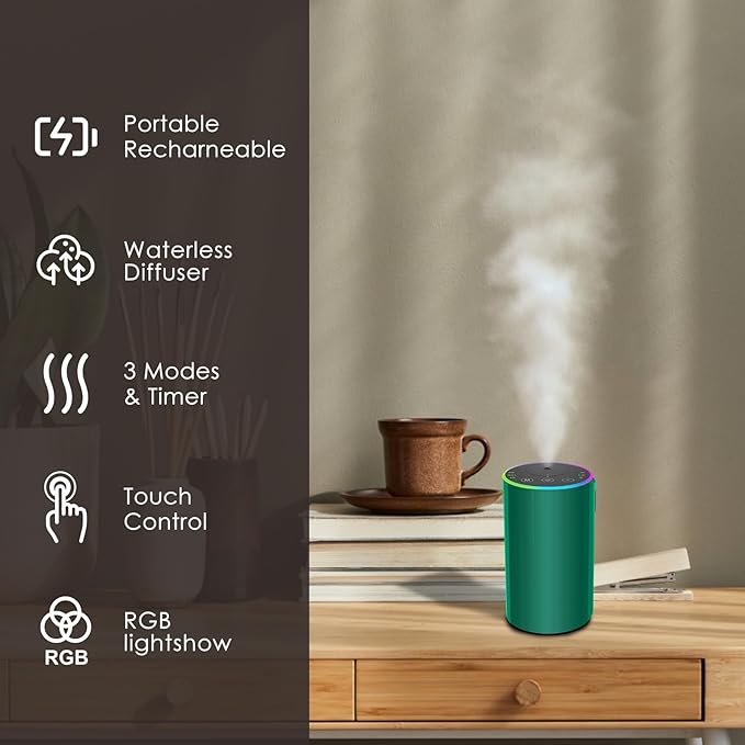 Waterless Essential Oil Diffuser, Battery Powered Mini Scent Air Machine, Aromatherapy Mist Diffuser for Home Room Car Office (Green) - Bloomnest