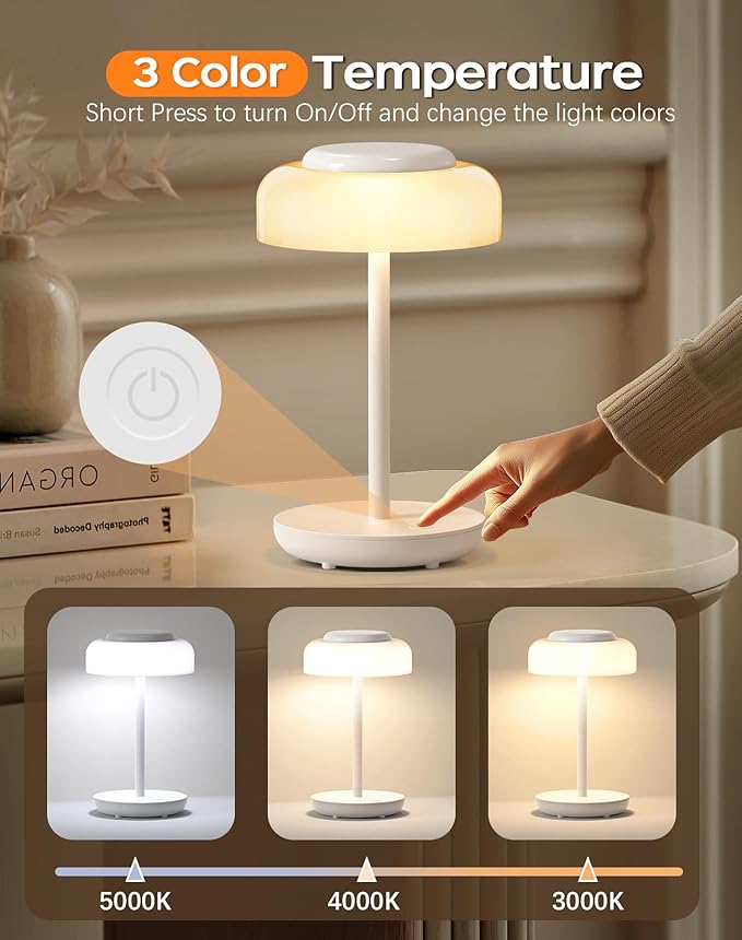 QiMH Battery Operated LED Table Lamp, 5000mAh Rechargeable Cordless Lamp Set of 2, Stepless Dimmable Touch Control, Small Waterproof Desk Night Light for Living Room, Bedroom, Outdoor Bar (White) - Bloomnest