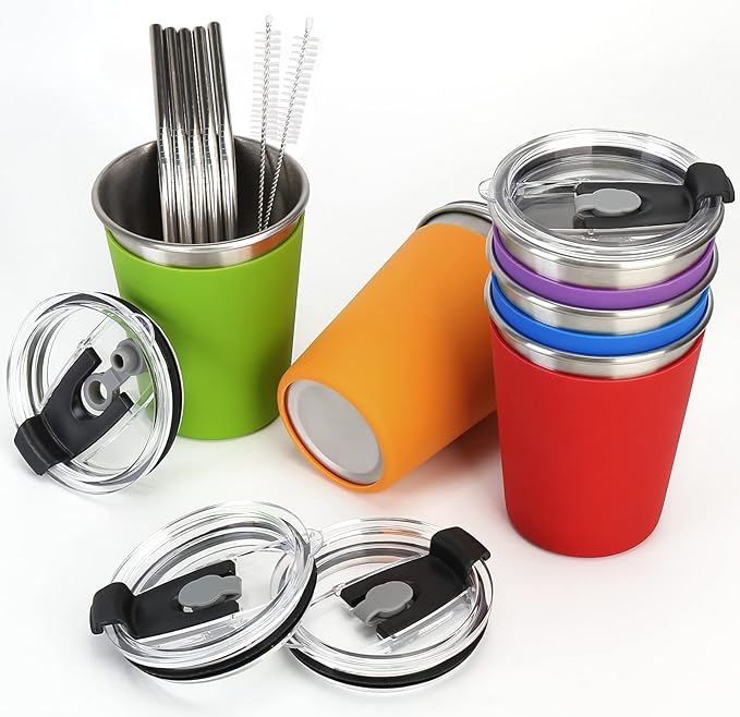ShineMe Stainless Steel Kids Cups, 5pack with Spill Proof Lids, Straws & Silicone Sleeves, 12oz, BPA Free, Insulated, for Cold & Hot Drinks - Bloomnest