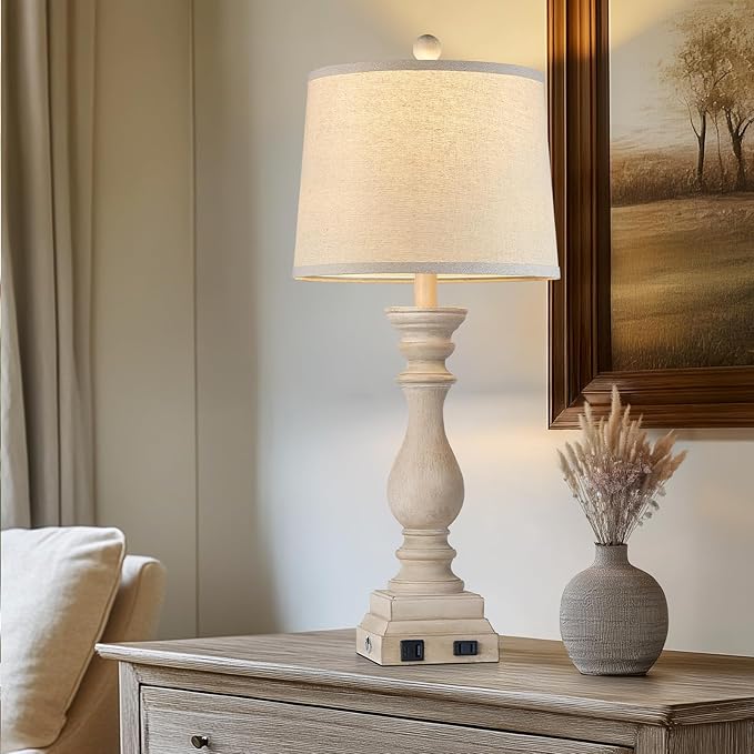 28" Farmhouse Table Lamps Set of 2 with USB C+A Ports and AC Outlet, 3 Way Touch Tall Vintage Bedside Lamp for Living Room, Beige Rustic Nightstand Lamp for Bedroom Office - Bloomnest