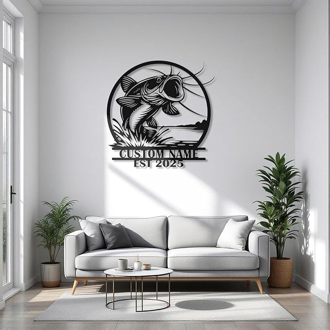 Personalized Catfish Metal Sign – Custom Name Fishing Wall Art – Iron Decoration for Cabins, Lake Houses, Man Caves, and Outdoor Spaces (Catfish-5) - Bloomnest
