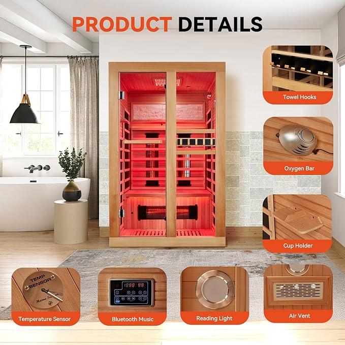 Full Spectrum Infrared Sauna, 2 Person Home Sauna with Red Light Therapy, 15 Minutes Pre-Warm up Indoor Dry Saunas with 2-in-1 Door Handle, 7 Color Light Belts, Canadian Hemlock, 110V BNEHSDirect