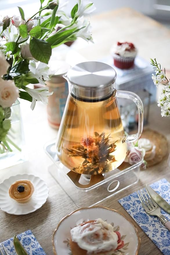 Teabloom One-Touch Tea Maker, 2-in-1 Teapot and Kettle with Stainless Steel Filter Lid for Loose Tea – Stain-free Borosilicate Glass Teapot (27 Oz) – Tea Connoisseur's Choice - Bloomnest
