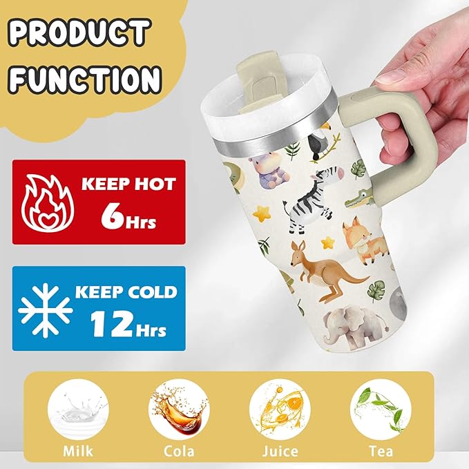 Animal Lover Gifts for Kids - 14 Oz Cute Cartoon Tumbler with Handle and Straw, Stainless Steel Insulated Tumbler, Sweatproof, for Sports, School, Travel - Boys Girls Children Birthday Gifts Cups(1pc) - Bloomnest