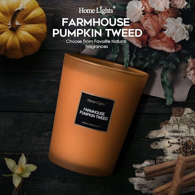 HomeLights Highly Scented Candles, Big 33.3 oz for Home, Natural Soy Aromatherapy Candles, Smokeless Long Lasting 130h with 3 Cotton Wicks, Candles Gifts for Women & Men - Farmhouse Pumpkin Tweed - Bloomnest