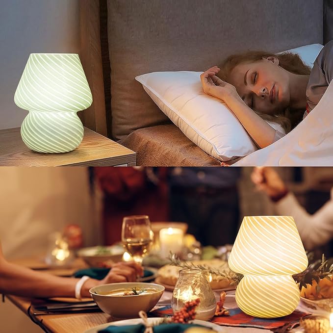 USB Plug-in Mushroom Lamp Small Bedside Table Lamp with 3 Temperature LED Bulb,Free Dimming Nights Light for Bedroom/Living Room/Entryway/Corner Decor (Stripe Green) - Bloomnest