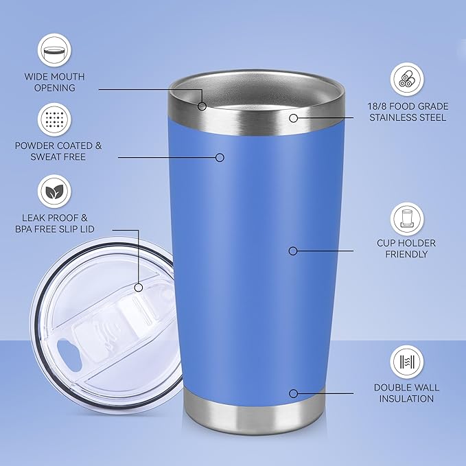 20 oz Tumbler Stainless Steel Tumblers Bulk with Lid Double Wall Insulated Coffee Tumbler Cups for Hot & Cold Drinks Powder Coated Travel Coffee Tumbler Mug Metal (Azure, 12 pack) - Bloomnest