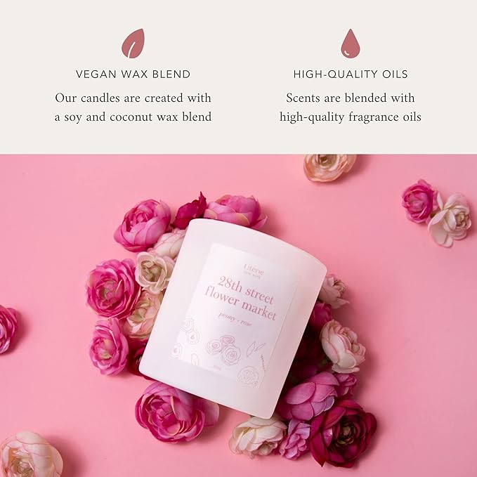 Literie NYC Inspired Scented Candle: 28th Street Flower Market - Peony & Rose Scent, 9oz, 50 Hour Burn, Vegan Soy & Coconut Blend Candle for Home Decor, Gift for Women & Men - Bloomnest