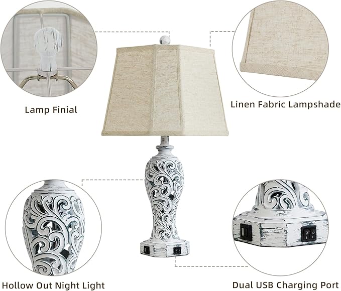 25'' Farmhouse Table Lamps Set of 2 for Living Room Bedroom, 2 USB Ports Rustic Vintage Nightstand Table Lamp with Nightlight, Hollow Out Resin Lamp for End Table (Bulbs Included) - Bloomnest