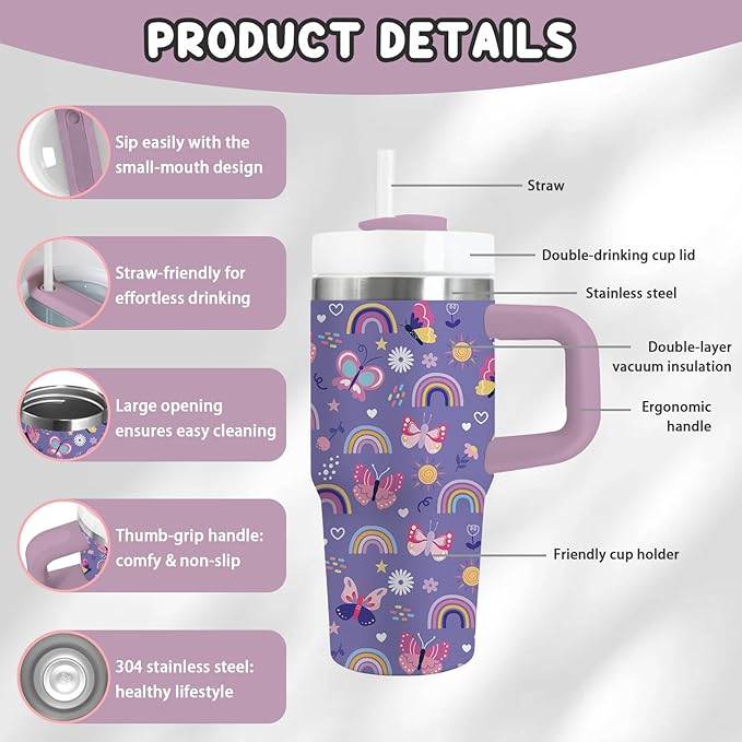 Rainbow Gifts for Girls - 14oz Purple Kids Rainbow Tumbler with Handle and Straw, Stainless Steel Insulated Travel Coffee Mug, for Sports, School, Travel, Children's Birthday Gift(1pc) - Bloomnest