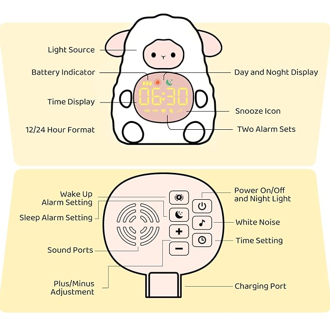 Sheep Alarm Clock with Night Light for Kids with Sleep Training and Sound Machine, Rechargeable Silicone Lamp OK to Wake Clock，Cute Animal Tabletop Lamp, Perfect Sleep Companion for Boys Girls, Pink - Bloomnest