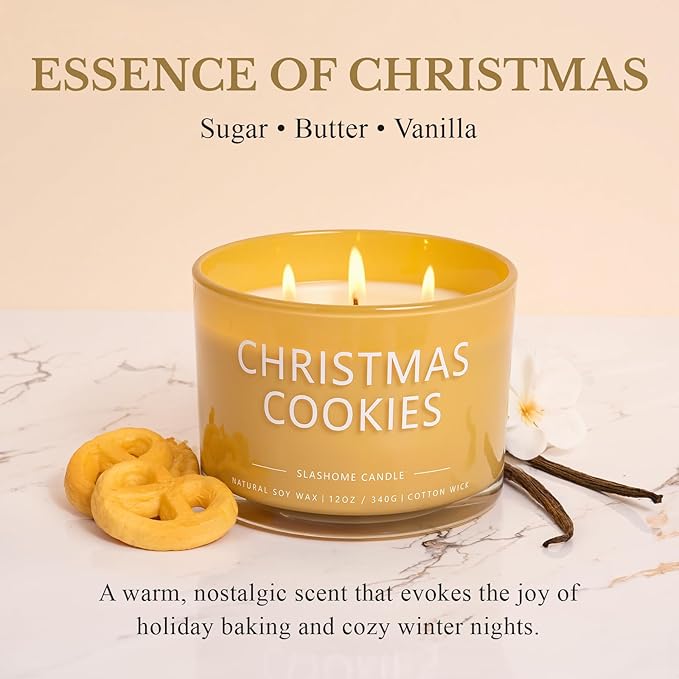 Christmas Cookie Candle, Large 3 Wick 12oz Soy Scented Candle, Luxury Christmas Birthday & Winter Holiday Gift for Women & Men, Long Lasting 60+ Hour Clean Non-Toxic Burn, Elegant Winter Home Decor - Bloomnest