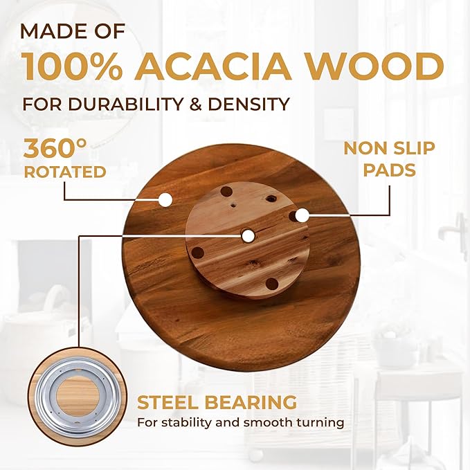 18" Acacia Wood Turntable Organizer | Lazy Susan for Table Top, Cabinet or Pantry | Wooden Rotating Tray for Kitchen Countertop, Durable, Easy to Clean, No Assembly Needed - Bloomnest