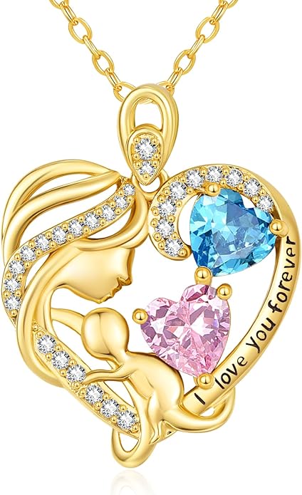 14K Gold Double Birthstone Heart Necklace for Women Mom, Mother Son/Daughter Pendant Necklace for Christmas Mother's Day Birthday Gifts for Wife Daughter Grandmom - Bloomnest