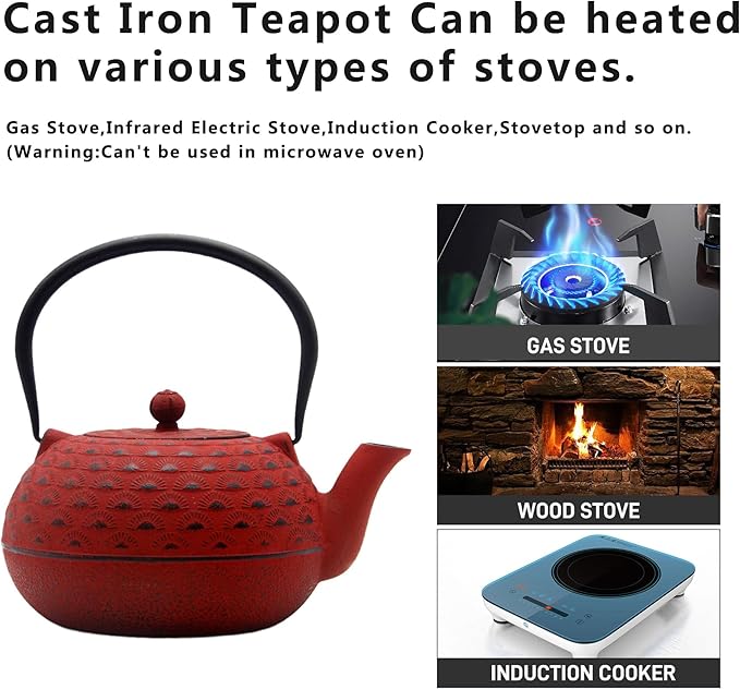 YJX 60.9 fl oz Cast Iron Teapot, Large Tea Kettle for Stove Top, Red Tea Pot with Stainless Steel Infuser for Loose Tea, 1.8L Japanese Enameled Metal Teapot - Bloomnest