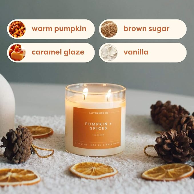 Calyan Wax Co. 2 Wick Candle, Pumpkin + Spices Scented Candle, 37 Hour Burn Time, Aromatherapy Soy Candles, Non Toxic & Vegan Soy Wax, Glass Tumbler Scented Candles, 12.5oz - Bloomnest
