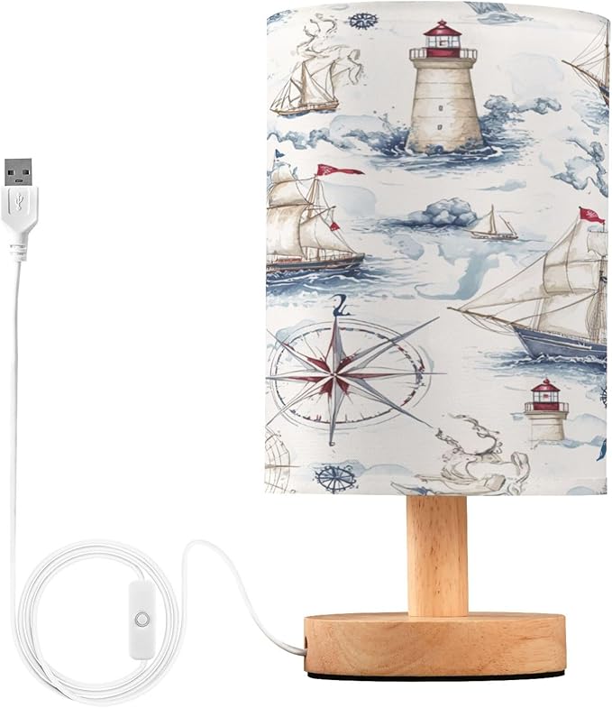 Sea Map Nautical Table Lamp with USB Port Night Light Bedroom Lamps for Nightstand Living Room Dorm Home Office Desk - Bloomnest