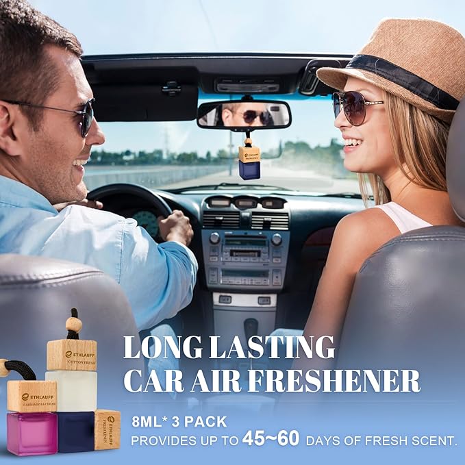Car Air Freshener Hanging, 3 Pcs Cotton Fresh, Fresh Linen, Cardamom & Cedar, Car Scent Air Fresheners Diffuser for Car, 45+ days Long Lasting Fragrance, 0.27 FL OZ/8ML - Bloomnest