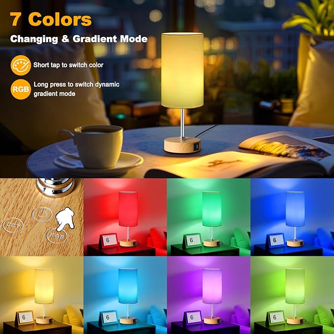 Unicozin Small Table Lamp, 3CCT & 7 RGB Color Changing, Dimmable Nightstand Lamp with Wood Grain Base, Touch Bedsides Lamp for Bedroom, Office, Kids Room, Nursery, Party, White Shade - Bloomnest