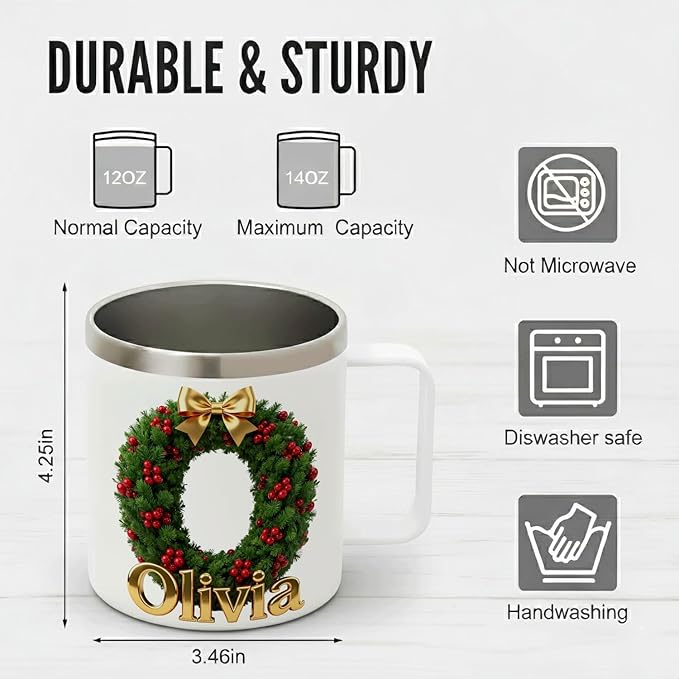 Personalized Christmas Insulated Coffee Mug with Handle – Custom Initial Letter [M] Double Wall Stainless Steel Travel Tumbler for Hot & Cold Drinks – Unique Holiday Gift for Men, Women, & Kids(B117) - Bloomnest