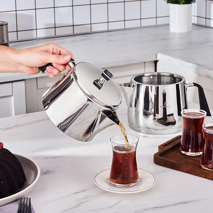 Karaca Fiona Stainless Steel Turkish Teapot Set XL, 1L Tea Pot & 2L Water Tank (Kettle), Stove Top/Induction Compatible, Elegant Silver Design, Easy to Clean, Non-Flammable Handles - Bloomnest