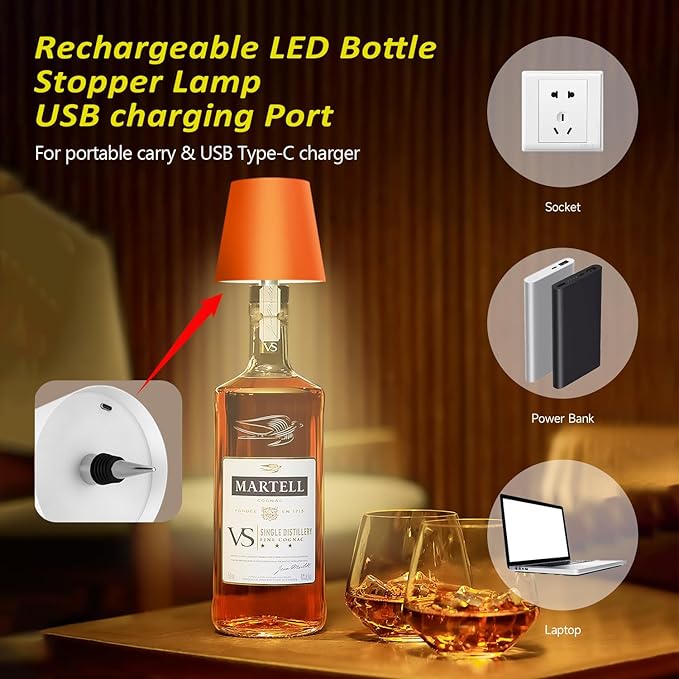 2025 New Wireless Bottle Lamp - LED Bottle Lights for Liquor & Wine Bottles, Cordless Lampshade, Whiskey Bottle Top Light, Bottle Stopper Night Light Kit, Rechargeable 3-Tone Touch-Dimmable - Bloomnest
